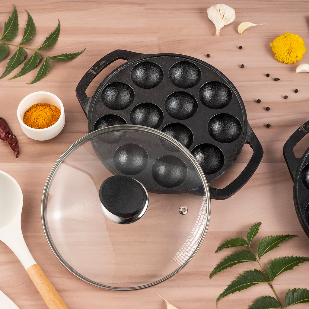 Cast Iron Cookware Appam Patra with Lid